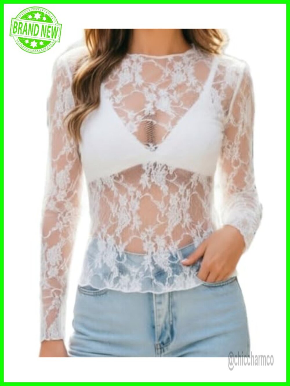 Women's Mesh Lace Blouse See Through Floral Long Sleeve Mock Neck Top